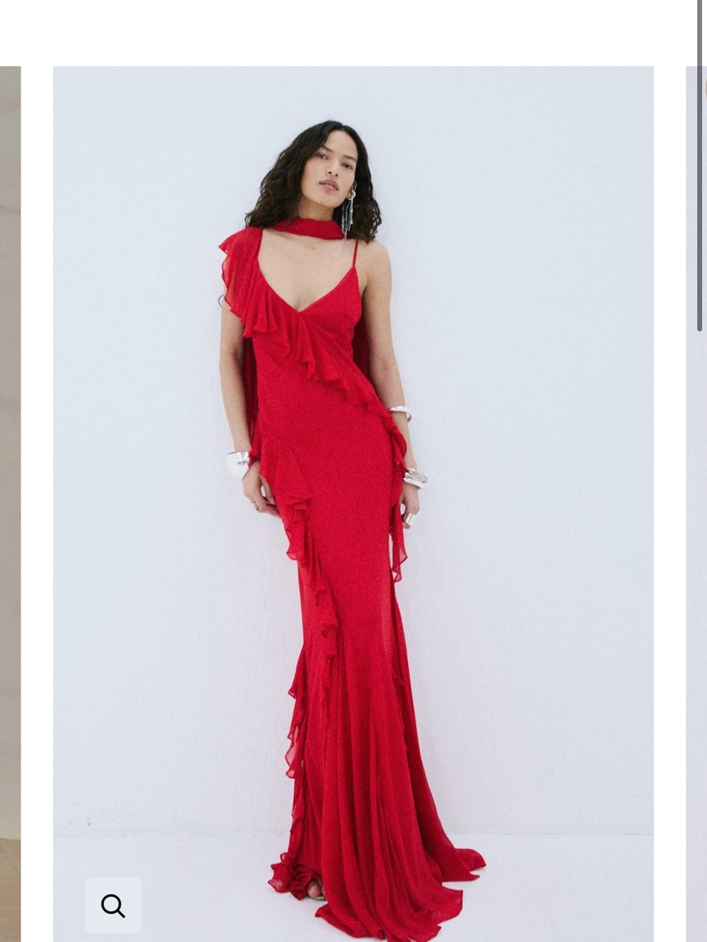 Red Ruffle Maxi Dress with Shoulder Scarf Detail